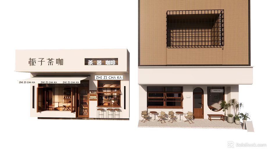 Cozy Tea Coffee Shop Storefront With Signboard Windows Door Outdoor Seating And Plants 3d model 