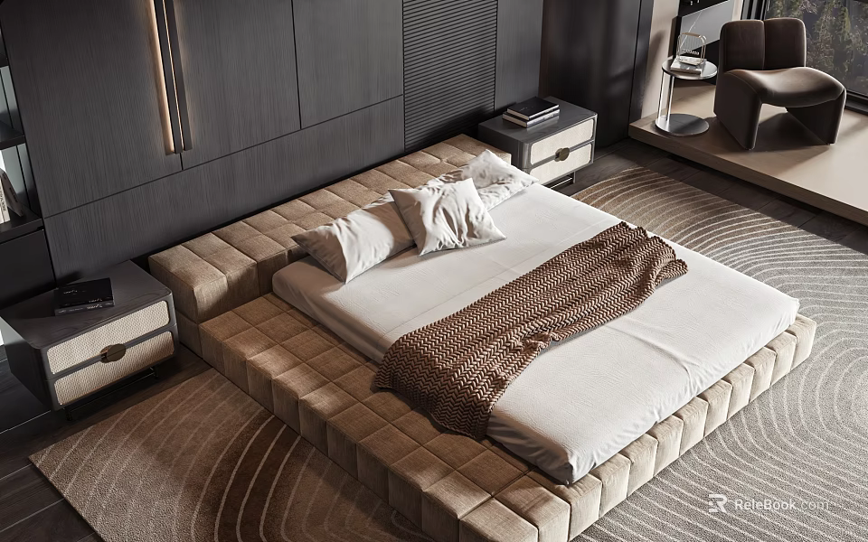 Modern Double Bed with Upholstered Platform White Pillows Brown Blanket and Bedside Tables 3d model 