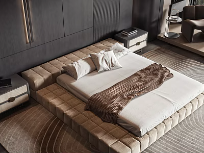 Modern Double Bed with Upholstered Platform White Pillows Brown Blanket and Bedside Tables 3d model