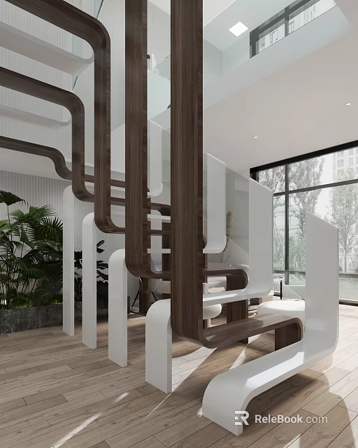 Modern Wooden And White Staircase Design In Bright Interior With Green Plants And Large Windows 3d model 