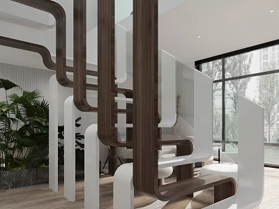 Modern Wooden And White Staircase Design In Bright Interior With Green Plants And Large Windows 3d model