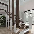 Modern Wooden And White Staircase Design In Bright Interior With Green Plants And Large Windows