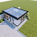 Villa Balcony With Glass Structure Wooden Dining Set Green Plants And Stone Pavement