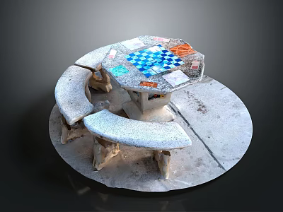 Outdoor Stone Furniture Set With Mosaic Chessboard Table And Curved Benches 3d model