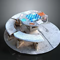 Outdoor Stone Furniture Set With Mosaic Chessboard Table And Curved Benches
