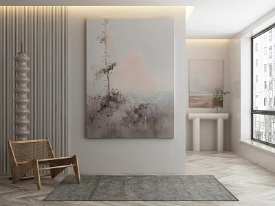 Modern Interior Design With Abstract Painting Wicker Chair Gray Rug And Plants 3d model