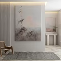 Modern Interior Design With Abstract Painting Wicker Chair Gray Rug And Plants