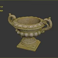 Ornate Decorative Stone Urn With Scroll Handles And Carved Base Details