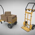 Two Heavy Duty Transport Trolleys With Cardboard Boxes And Yellow Frame Wheels