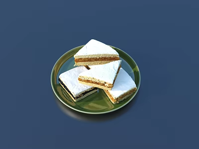 Fresh Tasty Square Shaped Cakes with White Frosting on Green Plate 3d model