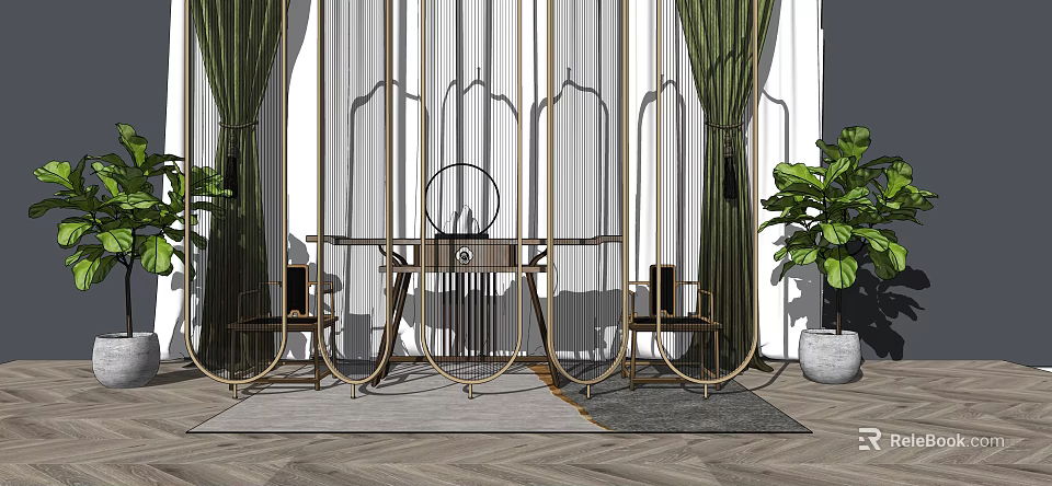 Modern Room Divider With Gold Metal Frame Green Curtains And Potted Plant 3d model 