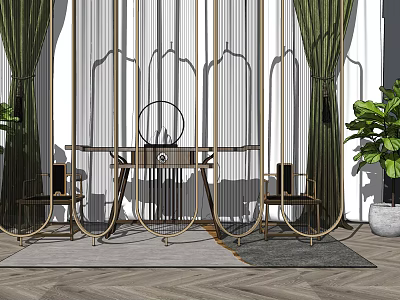 Modern Room Divider With Gold Metal Frame Green Curtains And Potted Plant 3d model