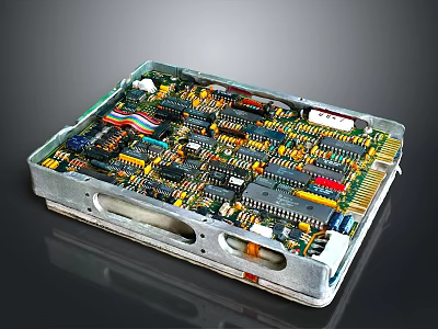 Computer Circuit Board With Electronic Components Chips Wires And Metal Casing 3d model