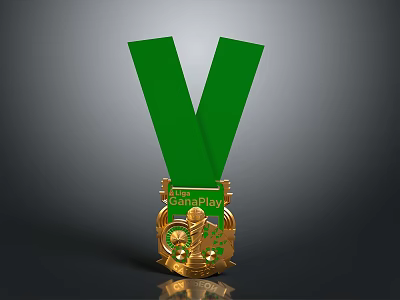 Gold Asia Games Champion Medal With Green Ribbon And Decorative Design 3d model