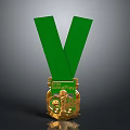 Gold Asia Games Champion Medal With Green Ribbon And Decorative Design