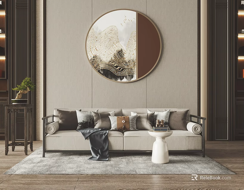 Elegant Two Seater Sofa Living Room Interior With Throw Pillows And Round Decorative Art 3d model 