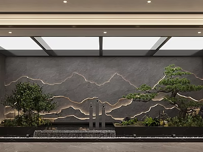 Hotel Corridor With Gray Wall Wavy Line Decorations Soft Lighting Green Plants Water Feature And Skylights 3d model