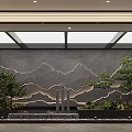 Hotel Corridor With Gray Wall Wavy Line Decorations Soft Lighting Green Plants Water Feature And Skylights