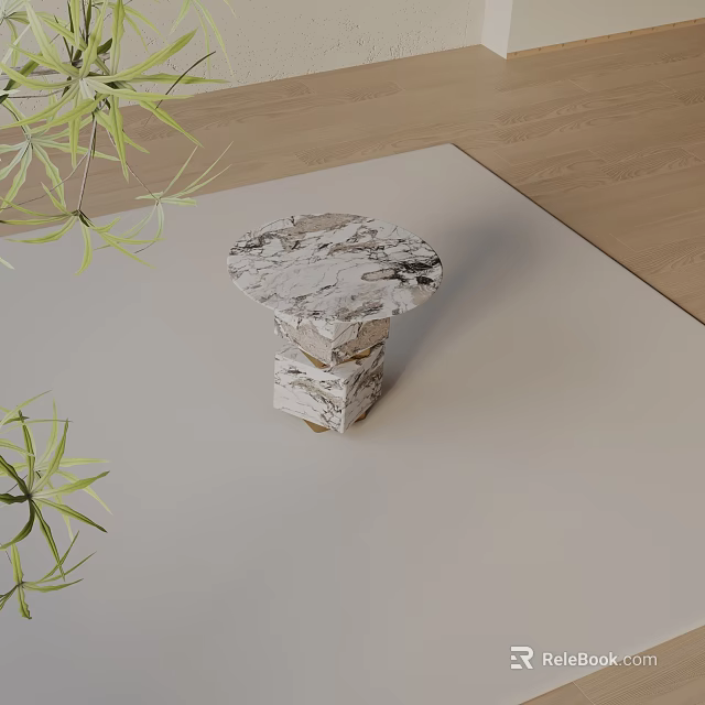 Marble Side Table Round Top Stacked Base with Green Plants on Light Mat Wooden Floor 3d model 