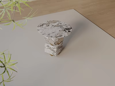 Marble Side Table Round Top Stacked Base with Green Plants on Light Mat Wooden Floor 3d model