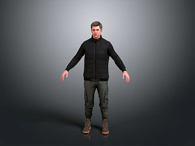 Man Wearing Black Vest Long-Sleeve Top Green Cargo Pants Brown Boots With Arms Outstretched 3d model