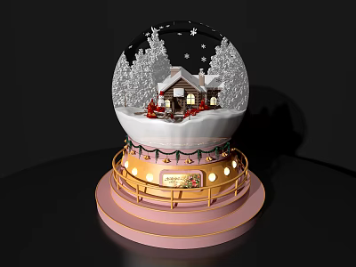 Decorative Ornament Set Featuring Snow Globe Snow Scene Small House Trees And Lit Base 3d model