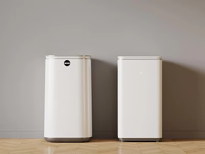 Two White Modern Home Appliances Placed Against Gray Wall On Wooden Floor 3d model
