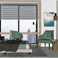 Modern Double Bed in Bedroom with Green Chairs Side Table City View and Rug