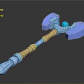 Fantasy Blue War Hammer Design With Dual Hammer Heads Yellow Striped Handle And Central Gemstone