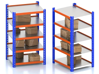 Industrial Metal Storage Shelves With Blue Frame Orange Silver Layers Stacked Cardboard Boxes 3d model
