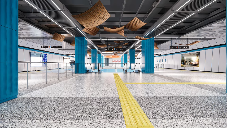 Modern Subway Station Platform Area With Blue Pillars Ceiling Decorations Escalators And Yellow Tactile Paving 3d model 