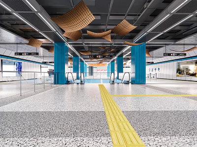 Modern Subway Station Platform Area With Blue Pillars Ceiling Decorations Escalators And Yellow Tactile Paving 3d model