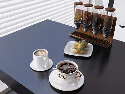 Delicious Coffee Beverages With Latte Art Snacks And Wooden Condiment Jars On Black Table 3d model