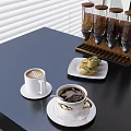 Delicious Coffee Beverages With Latte Art Snacks And Wooden Condiment Jars On Black Table