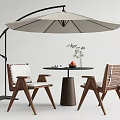 Outdoor Wooden Table and Chair Set with Curved Umbrella Small Round Table and Green Plant