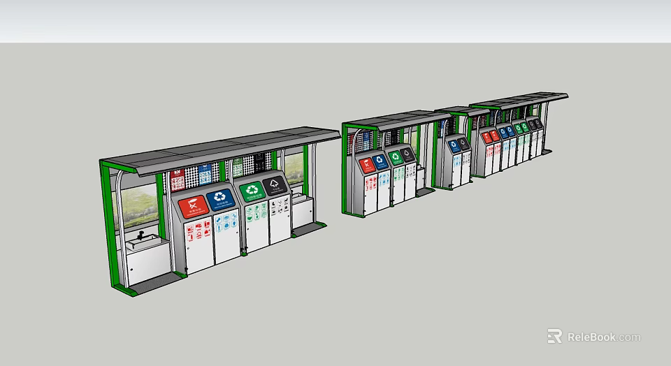 Public Waste Sorting Facility With Row Of Colored Bins And Canopy Shelter 3d model 