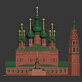 Russian Orthodox Church Architectural Model With Green Domes And Red Brick