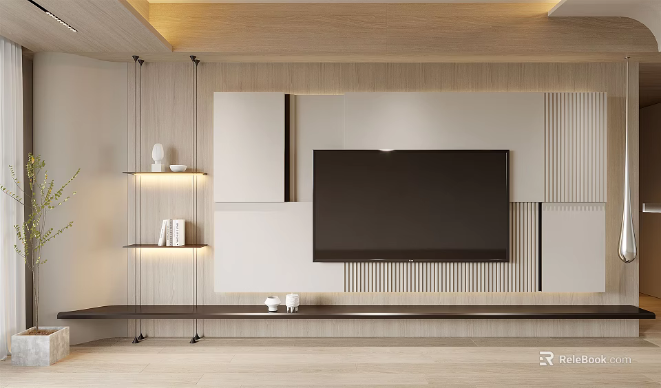 Modern Wooden TV Background Wall With Built in TV White Panels And Display Shelves 3d model 