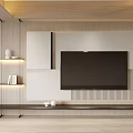 Modern Wooden TV Background Wall With Built in TV White Panels And Display Shelves