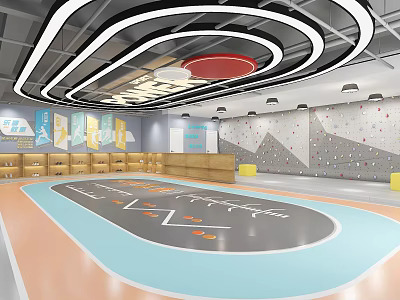 Modern Indoor Activity Space With Curved Ceiling Light Strips Climbing Wall And Colorful Floor 3d model