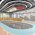 Modern Indoor Activity Space With Curved Ceiling Light Strips Climbing Wall And Colorful Floor