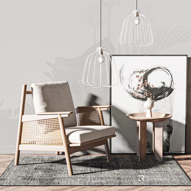 Modern Rattan Armchair With Wooden Frame Light Gray Cushion Side Table Artwork And Pendant Light 3d model 