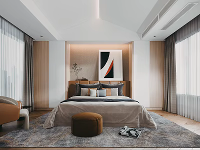 Modern Bedroom Interior With Bed Area Rug Wall Art And Floor Curtains 3d model