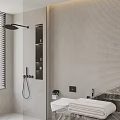 Modern Bathroom Featuring Freestanding Bathtub Marble Counter Striped Wall Tiles And Ambient Lighting