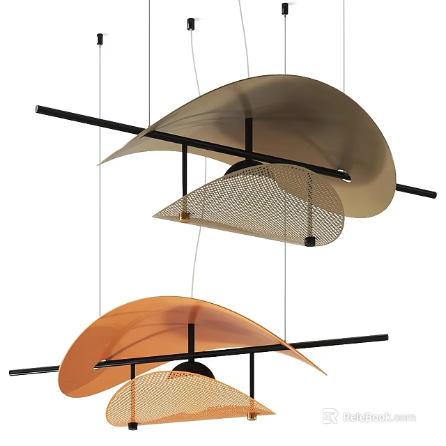 Modern Pendant Light Design With Curved Orange Beige Shades And Black Metal Hanging Rods 3d model 