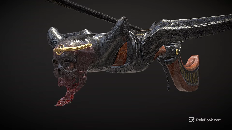 Ornate Skull Decorated Crossbow Featuring Golden Accent Red Blood Black Body Wooden Parts 3d model 