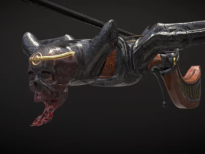 Ornate Skull Decorated Crossbow Featuring Golden Accent Red Blood Black Body Wooden Parts 3d model