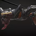Ornate Skull Decorated Crossbow Featuring Golden Accent Red Blood Black Body Wooden Parts