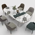 Elegant Modern Oval Marble Dining Table Set With Various Colored Chairs Green Plant And Tableware 3d model