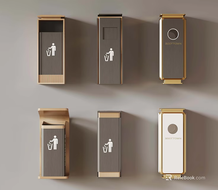 Modern Trash Bins With Various Color Finishes And Recycling Icons 3d model 